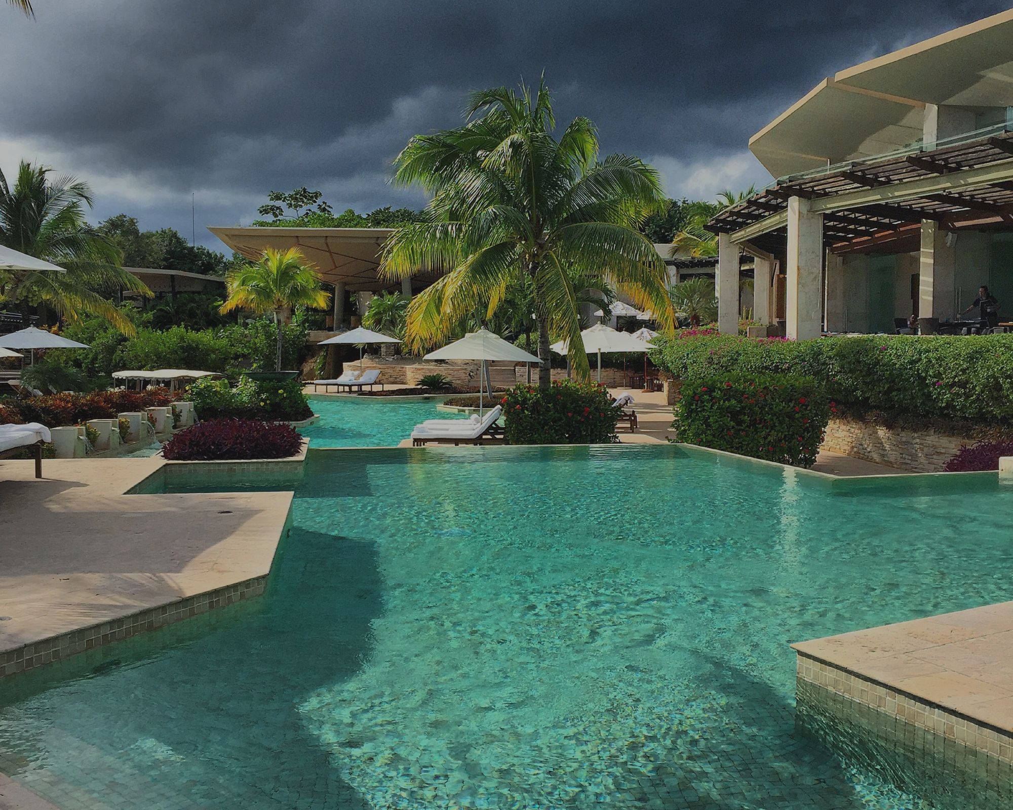 Alt Text Serene resort pool at Rosewood Mayakoba surrounded by lush mangroves and tranquil lagoon views.